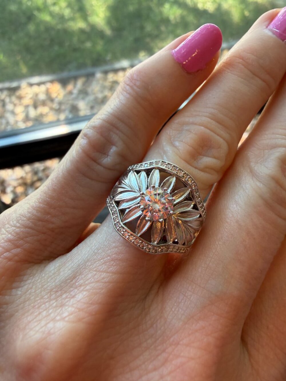 NIB Art Deco Vintage Look Diamonique High-Polish Floral Ring Sterling Silver - 5